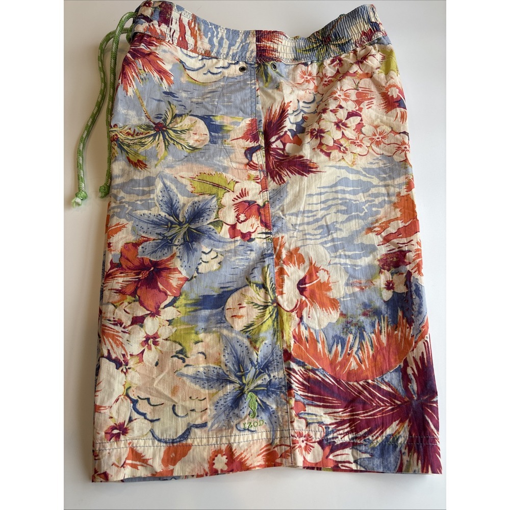 IZOD‎ LUXURY SWIM Mens Board-Shorts Blue Multicolored Hawaiian Tropical Print L